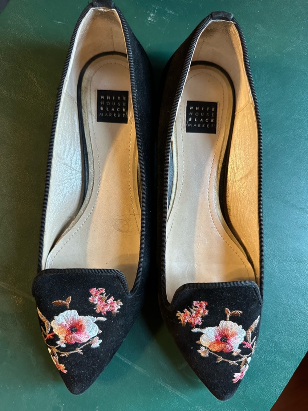 White House Black Market Black Embroidered Floral Pointed Flats